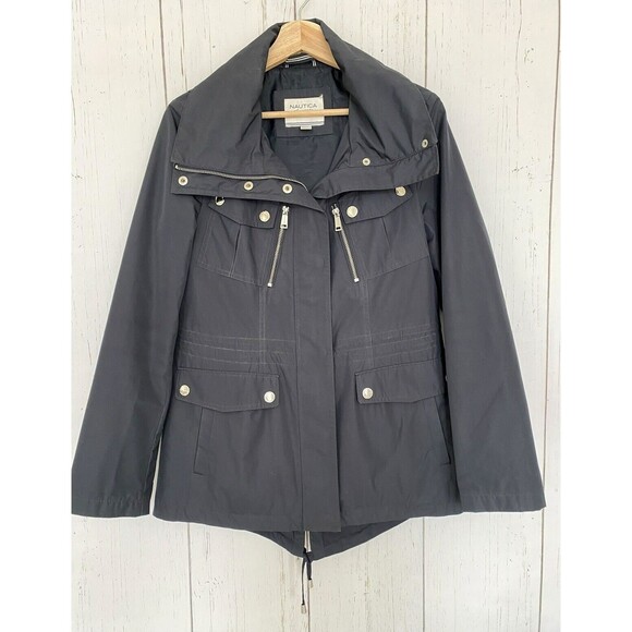 Nautica Women's Rain Utility Jacket Navy Blue Silver Full Zip Hooded Coat Size M - Picture 1 of 7